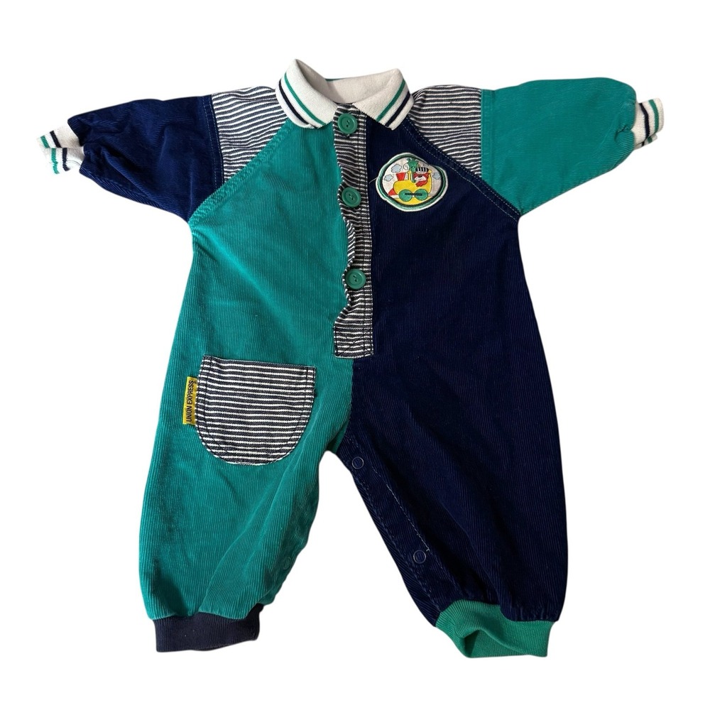 Vintage baby color block corduroy train‎ conductor one piece romper size 6-9 mos